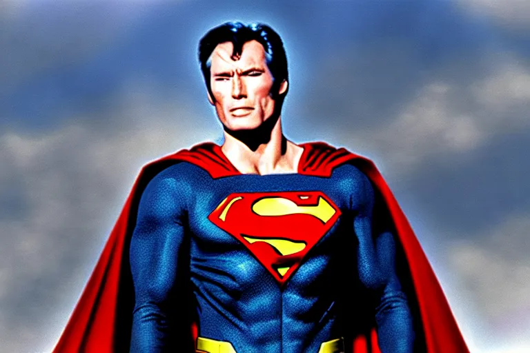 Image similar to clint eastwood as superman in the 1 9 8 0's, superhero film, hyperrealistic, detailed, smooth, sharp focus