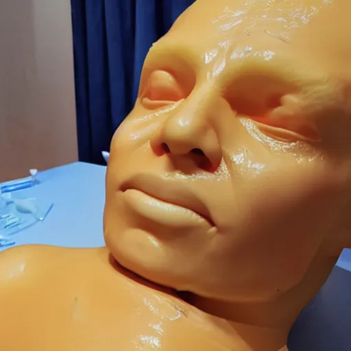 Prompt: a live wax figure melting while trying to put itself back together