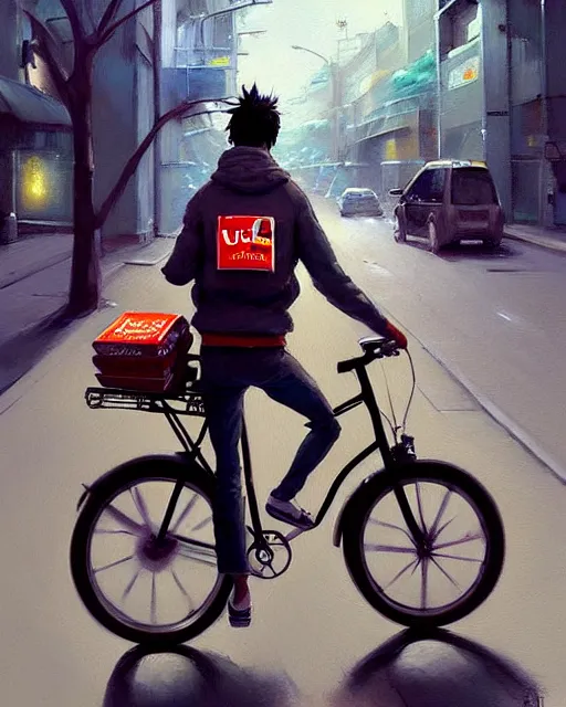 Image similar to a ultradetailed painting of a uber eats food delivery guy on a bicycle, greg rutkowski and makoto shinkai trending on artstation