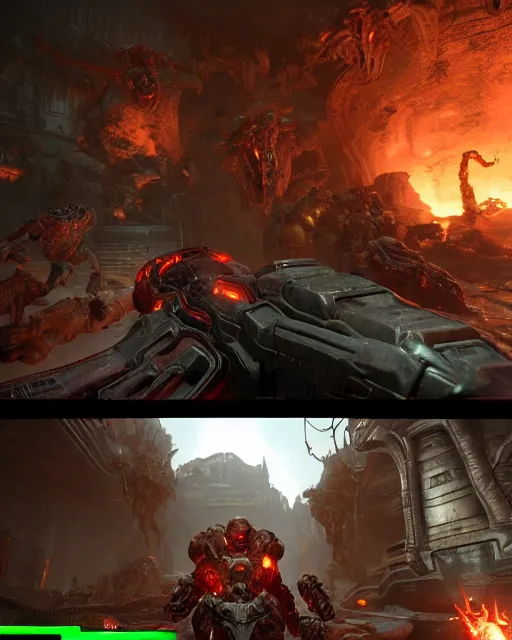 Prompt: gameplay of doom eternal, ambient lighting, concept art, intricate, hyper detailed, smooth, action, volumetric lighting, 3 d render, unreal, octane