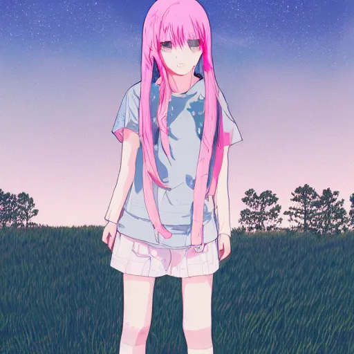 Image similar to a super detailed moe protagonist girl with pink hair in a field by inio asano, beeple and james jean, aya takano color style, 4 k, super detailed, night sky, digital art, digital painting, celestial, majestic, colorful