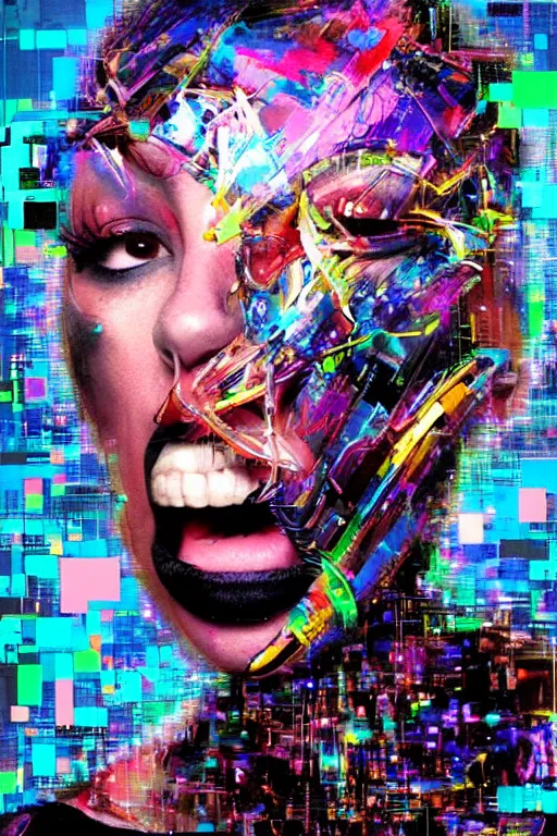 Image similar to portrait, headshot, digital painting, an delightfully crazy techno - shaman lady in circuit electronic mask, synthwave, glitch, pixel sort, fracture, realistic, hyperdetailed, chiaroscuro, concept art, art by john berkey