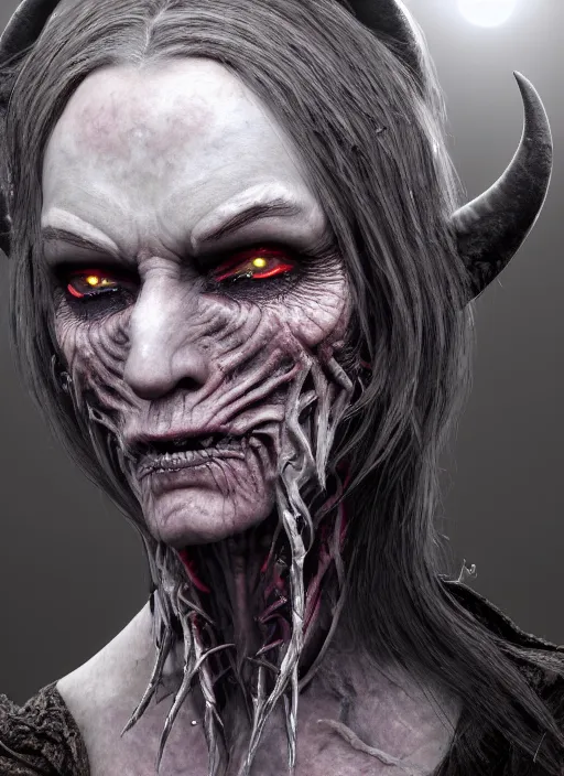 Prompt: ultra detailed fantasy creepy old satanic witch with horns in head, elden ring, realistic, dnd character portrait, full body, dnd, rpg, lotr game design fanart by concept art, behance hd, artstation, deviantart, global illumination radiating a glowing aura global illumination ray tracing hdr render in unreal engine 5
