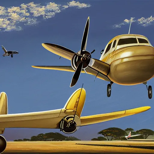 Prompt: a Lockheed Electra parked on the runway of a African airport, beautiful digital art, cinematic composition, detailed, concept art, Matt painting, oil painting, high res, norman rockwell artwork style,