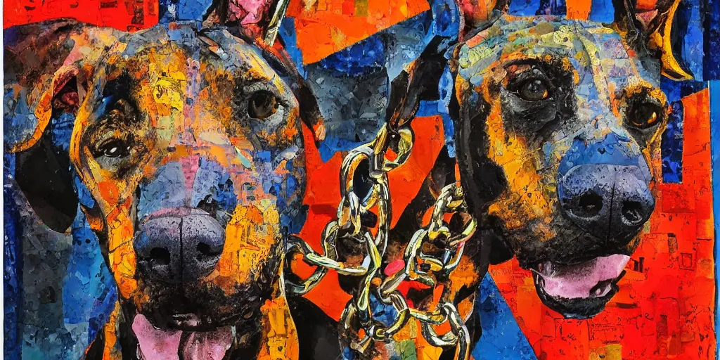 Prompt: mad doberman on a chain, collage, acrylic on canvas, expressionism movement, breathtaking detailed, by blake neubert