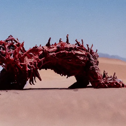 Image similar to in the desert a bloody horrifying The Thing creature made of muscle and bone, mid day, 35mm photography, realistic,