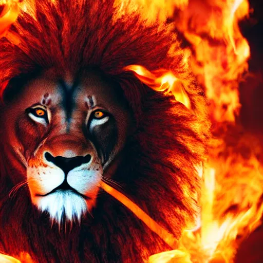 Image similar to anonymous lion face, closeup of face, volumetric lighting, face encircled by fire, crimson - black color scheme, intricate detail, award winning epic cinematic composition, photorealistic