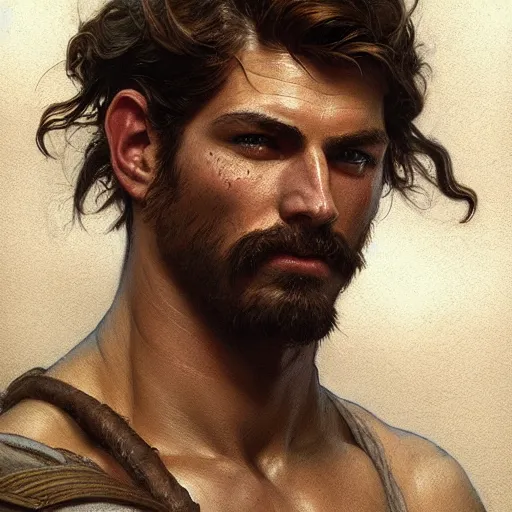 Image similar to portrait of a young rugged ranger, muscular, bust, hairy chest, D&D, fantasy, intricate, cinematic lighting, highly detailed, digital painting, artstation, concept art, smooth, sharp focus, illustration, art by Artgerm and Greg Rutkowski and Alphonse Mucha