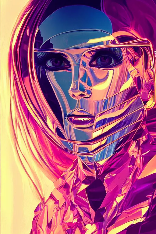 Image similar to portrait, digital painting, an beautiful, crazy hacker girl, lost in code, synthwave, glitch!!, fractured reality, mirrored stainless steel slabs, realistic, hyperdetailed, golden hour, concept art, art by syd mead