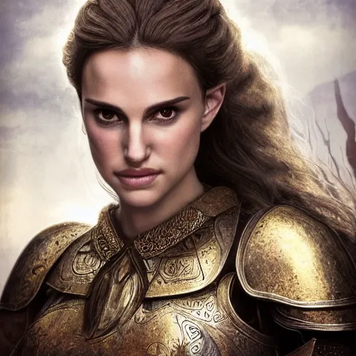 Prompt: head and shoulders portrait of a female knight, young natalie portman, golden etched armor, lord of the rings, eldritch, by artgerm, alphonse mucha, face detail, braided hair, etched breastplate, sharp focus, high key lighting, vogue fashion photo