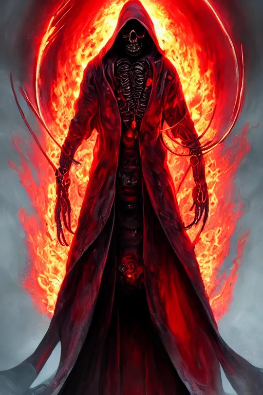 Prompt: A full body portrait of a mysterious character with a flaming skull with a very long hooded blood red and black cloak, tentacles coming out the ground art by Jason Chan and Maciej Kuciara, ominous, cosmic horror, trending on artstation, Ultra detailed, hyper realistic 4k