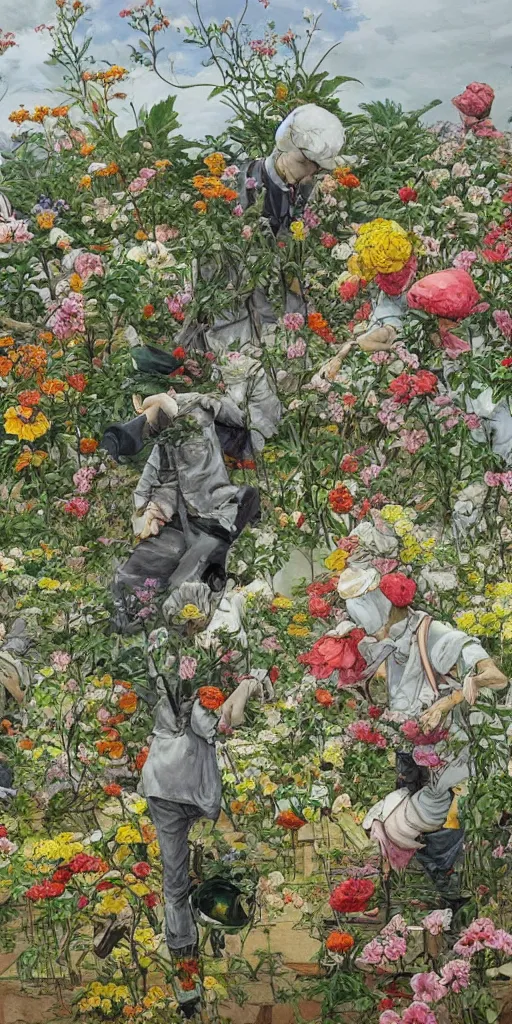 Image similar to oil painting scene from gardeners in the flower garden by kim jung gi