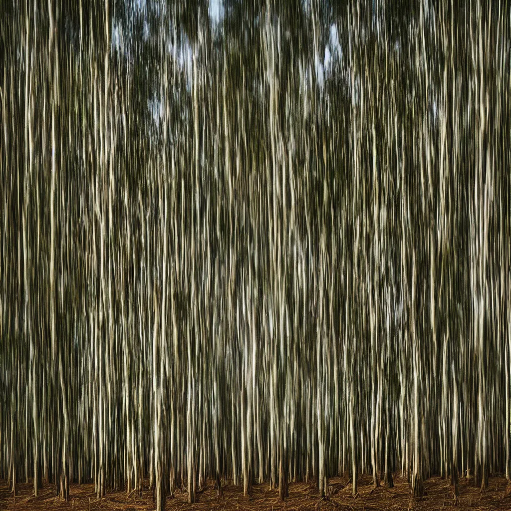 Image similar to long exposure photograph of eucalyptus trees moving by a strong wind, back light, sony ar 7 ii, photographed by trent parke