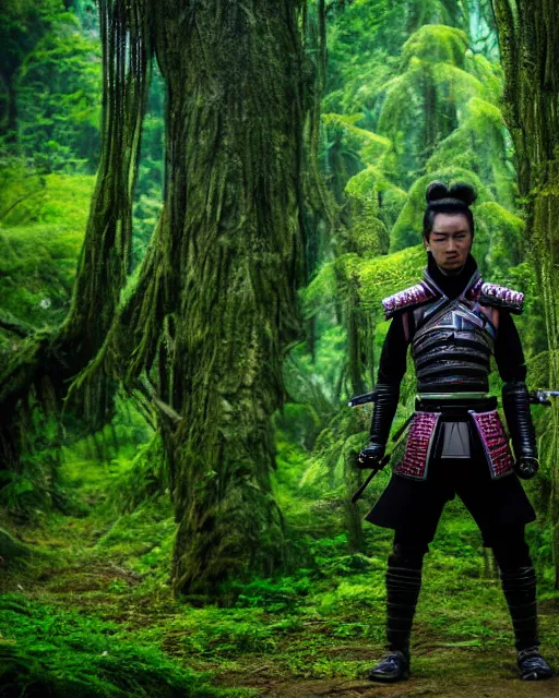 Prompt: A medium shot photo of a sci-fi futuristic samurai warrior standing ready to fight with a katana in his hands in an overgrown ancient valley, cinematic