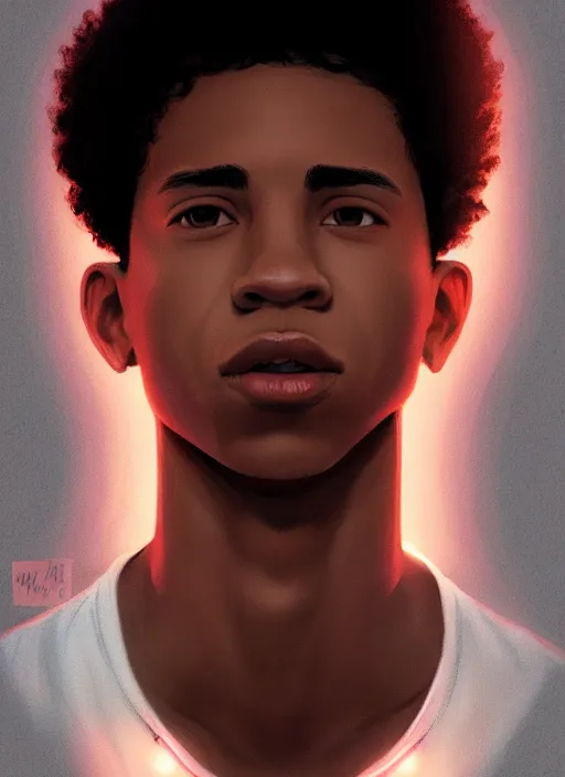 Image similar to portrait of chuck clayton, lightskin black teenage boy, very short curly hair, very short hair, short hair, strong jawline, square jaw, slight smile, reading archie comic, intricate, elegant, glowing lights, highly detailed, digital painting, artstation, concept art, smooth, sharp focus, illustration, art by wlop, mars ravelo and greg rutkowski