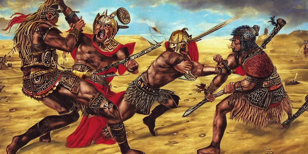 Prompt: Aztec Jaguar Warrior fighting against Thor (Viking )in a one on one battle. Historically accurate, highly detailed.