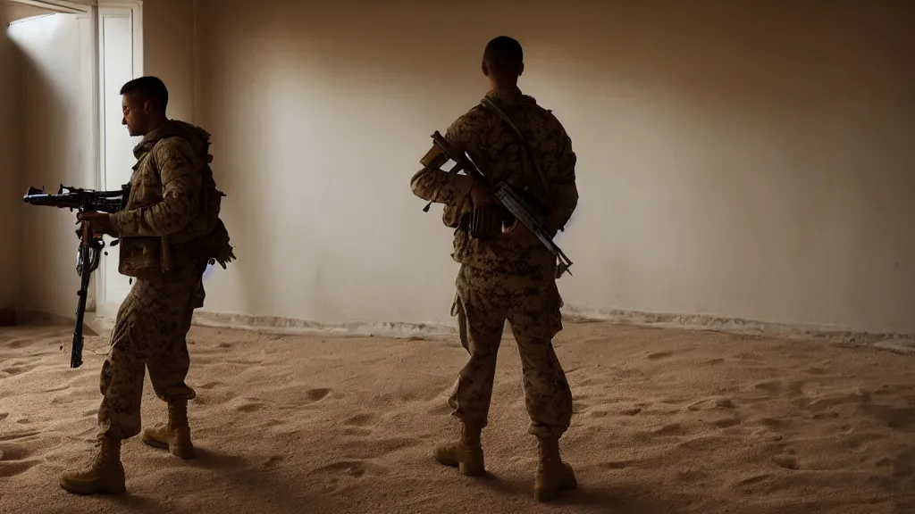 Prompt: film still of a marine soldier with a sniper rifle on his back standing in a dusty room with traditional colorful carpets on the wall in front of a sandy window. moody, grainy, 4 k, high detail, aesthetic, good composition, overdetailed, room cluttered with items, anatomically correct, directed by best director in the world,