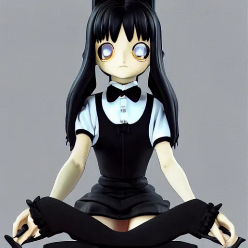 Image similar to Manga cover portrait of Wednesday Addams-chan anime girl sitting elegantly next to her pet crow in a noir Victorian setting, 3d render diorama by Hayao Miyazaki, official Studio Ghibli still, color graflex macro photograph, Pixiv, Daz Studio