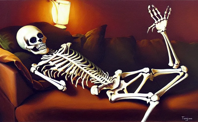 Prompt: classic oil painting, sleepy skeleton that is dressed!! in!! pajamas!!, by tim jacobus, goosebumps books, cold lighting, nightcap, sleepwear, slippers, dim bedroom, extreme clutter, knick - knacks, toys,