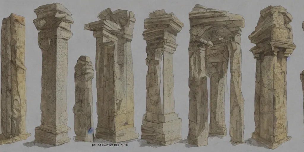 Prompt: full color page scan reference sheet of various stone pillars on white background, matte painting