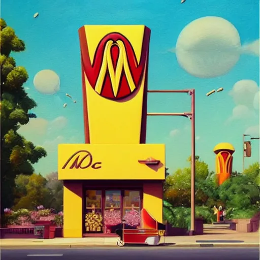 Image similar to a painting of an art deco mcdonald's surrounded by flowers, a watercolor and matte painting by beeple and rhads and mark keathley, wes anderson, cgsociety, artdeco, utopian art, retrofuturism, sci - fi, artstation hq