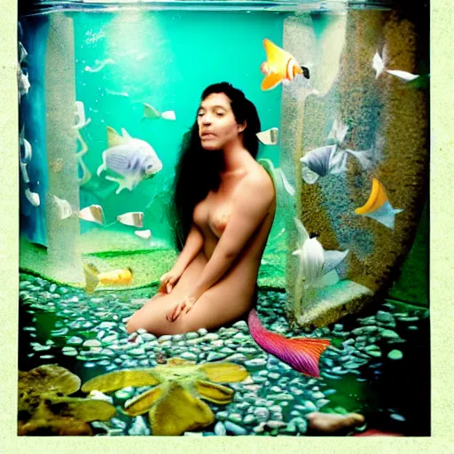 Prompt: the last mermaid in an old aquarium, circa 2009, photograph