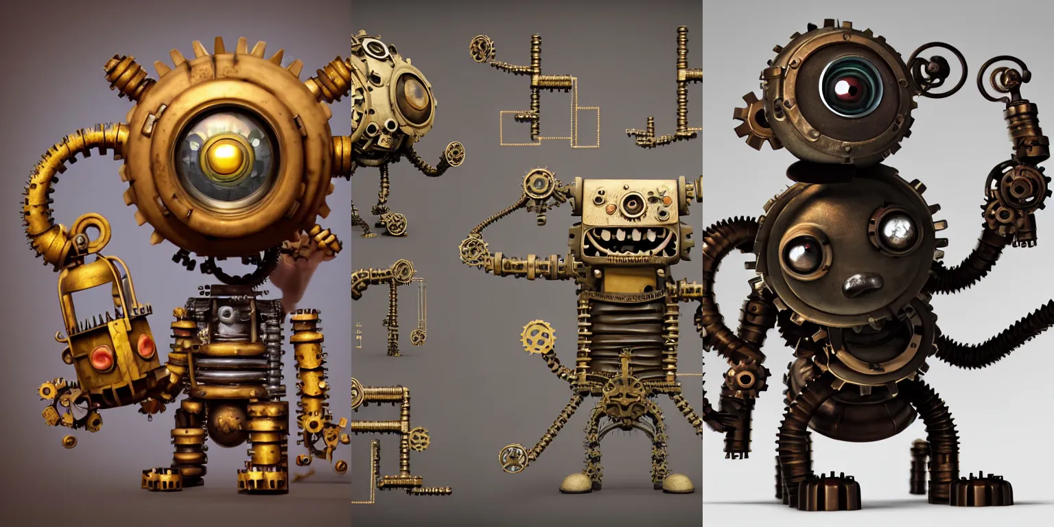 Prompt: a tiny cute dieselpunk monster with cogs and rods and big eyes smiling and waving, back view, isometric 3d, ultra hd, character design by Mark Ryden and Pixar and Hayao Miyazaki, unreal 5, DAZ, hyperrealistic, octane render, cosplay, RPG portrait, dynamic lighting, intricate detail, summer vibrancy, cinematic