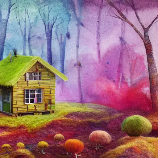 Prompt: small wooden house in the middle of spring forest, bright colours, watercolor, volumetric wool felting, macro photography, children illustration, by dan mcpharlin