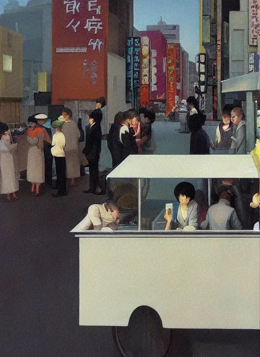 Image similar to crowd around ice cream cart in Tokyo Edward Hopper and James Gilleard, Zdzislaw Beksinski highly detailed