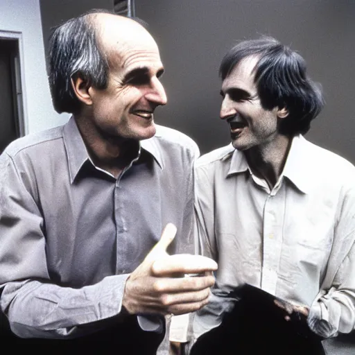 Prompt: photograph douglas adams discussing happier times with steve jobs on campus 1 9 8 8, healthy, douglas adams, in thomas ruff style, 3 5 mm ektachrome