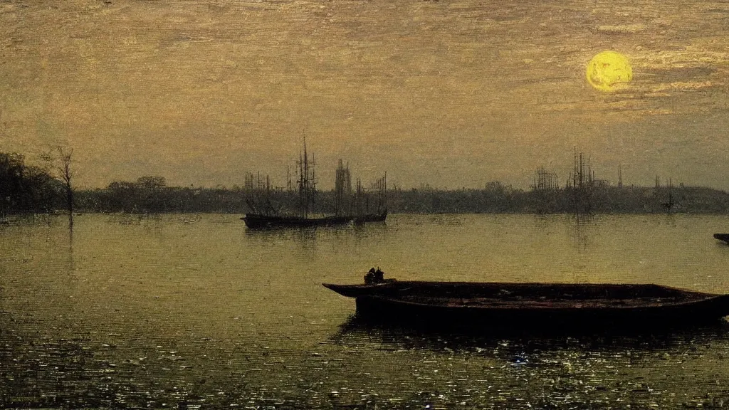 Prompt: an anglo - saxon funerary barge sailing in the middle of a lake, midnight, greenish moonlight, haunted, close up, in the style of john atkinson grimshaw, john william waterhouse, oil on canvas