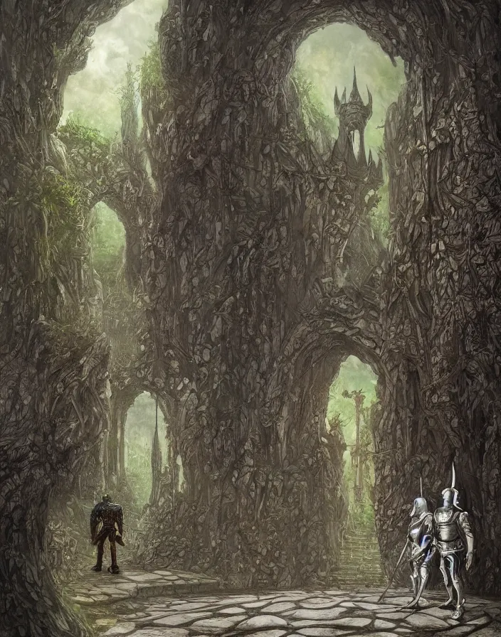 Prompt: a knight in a medieval suit of armor next to an elf wizard walking through a surrealist dimensional gateway that leads into rivendell in the style of john howe