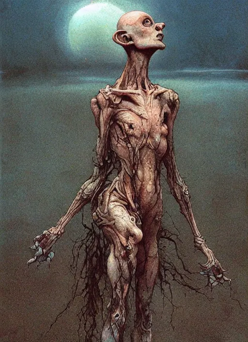 Image similar to bald goblin girl by Beksinski and Luis Royo