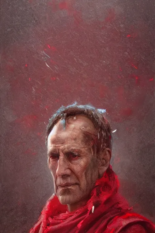 Prompt: the end is near. a tired julius caesar is sitting on his throne. face is highly detailed. splices of red are running down his toga. mist. color scheme red. low angle medium shot. imagined by jeremy lipking and greg rutkowski