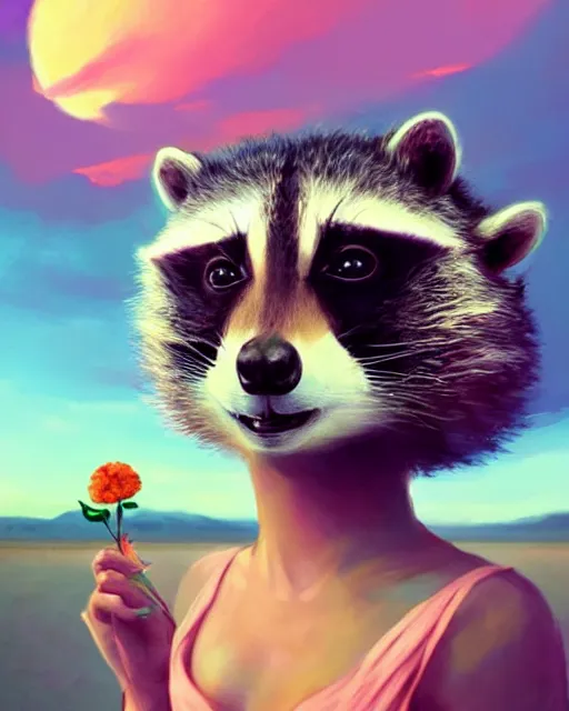 Image similar to closeup portrait beautiful female anthropomorphic raccoon wearing a dress on salt flats holding a flower, surreal photography, sunrise, dramatic light, impressionist painting, colorful clouds, digital painting, artstation, simon stalenhag