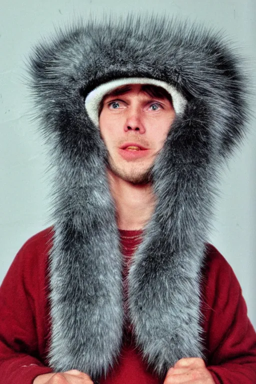 Prompt: gray fur hat soviet soviet russian winter fur cap with earflaps ushanka poster the movie 1 9 8 8 ussr don't be a menace to south central while drinking your juice in the hood, perfect symmetrical eye, soviet russian winter fur cap with earflaps ushankas vodka kremlin babushka communist