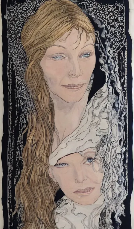 Prompt: cate blanchet , hanging scroll, ink and colours on silk,