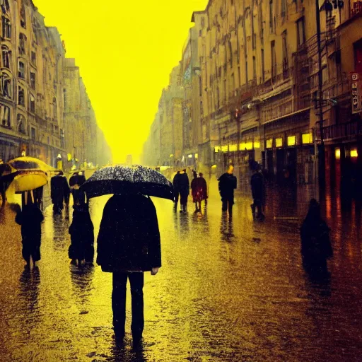 Image similar to A man in a yellow raincoat in a black city surrounded by people wearing brown rain coats. Dreary, dreamlike.