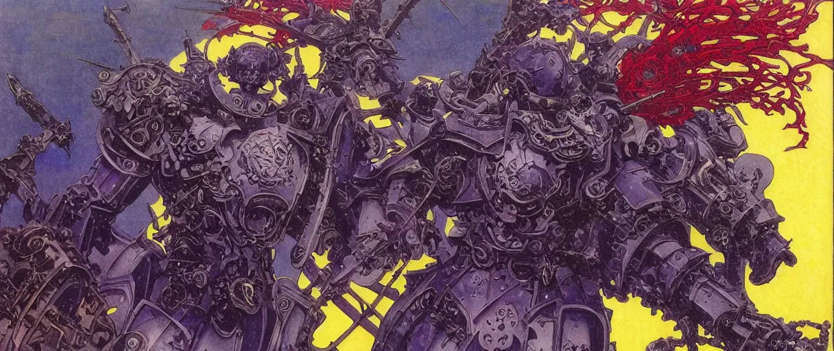 Prompt: composition of gothic and futuristic, warhammer, cyber japan samurai armor, more and more scars, storm, blue head, purple, red, yellow, many mech flowers, the middle ages, highly detailed, artstation, in the style of moebius, jugendstil and classic japanese print, art by jean delville and rene magritte