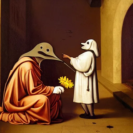 Image similar to a plague doctor giving a flower to a sick child, renaissance painting, golden ratio, morning light, 8k