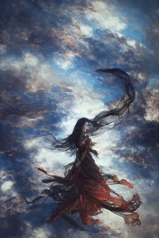 Prompt: portrait of of a flying beauty over meadows of fire, intricate line drawings, by Yoshitaka Amano, Ruan Jia, Kentaro Miura, Artgerm