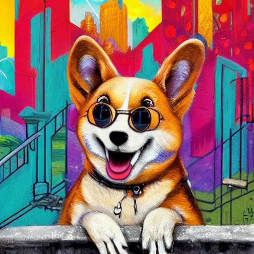 Prompt: a detailed beautiful painting of a graffiti hiphop corgi god chilling in his palace, by Alena Aenami and Esao Andrews, trending on Artstation, intricate detail, 8k