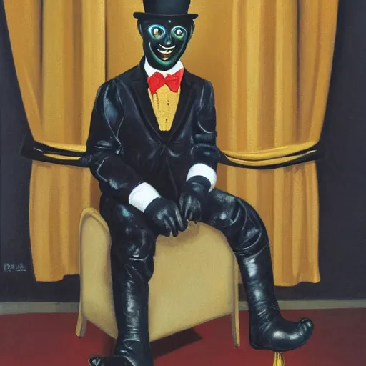 Image similar to oil painting of ventriloquist's dummy, sitting on chair with black leather seat, gold theater tragedy mask on floor, black curtains in background, by paula rego