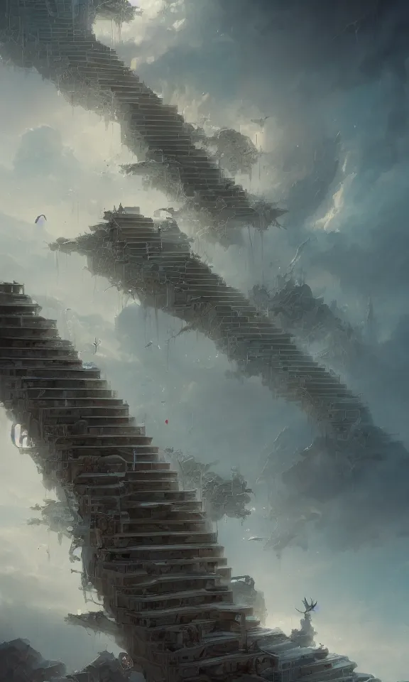 Image similar to endless book stairway to universe, sky full of clouds, art by greg rutkowski and peter mohrbacher, featured in artstation, octane render, cinematic, elegant, intricate, ultra detailed, rule of thirds, professional lighting, unreal engine, fantasy, concept art, sharp focus, illustration, 8 k