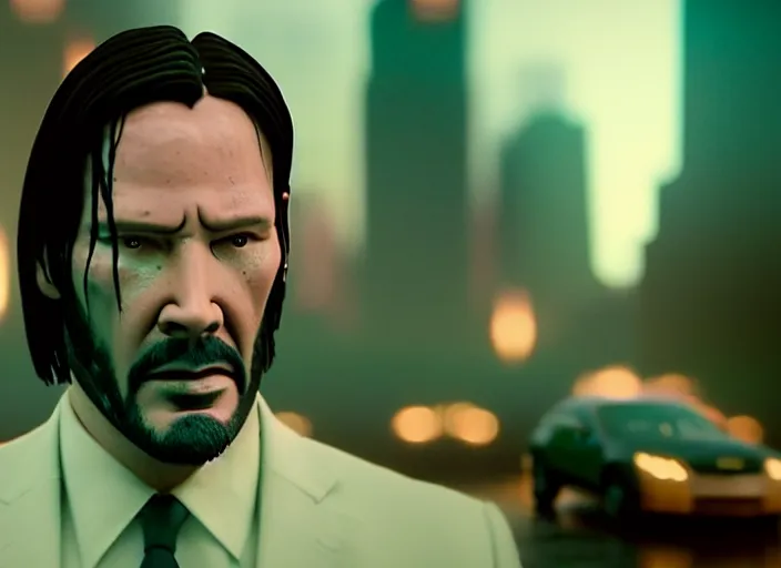 Image similar to cinematic screenshot cinestill portrait of a stop motion claymation film, john wick, in focus, shallow depth of field, 1 8 mm, f 1. 8, sharp details