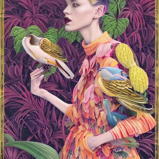 Prompt: pretty model with botanical and birds : : by martine johanna and simon stalenhag and chie yoshii and casey weldon and wlop : : ornate, dynamic, particulate, rich colors, intricate, elegant, highly detailed, vogue, harper's bazaar art, fashion magazine, smooth, sharp focus, 8 k, octane render