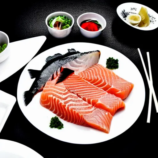 Prompt: gigantic gourmet salmon sashimi food photography black and white