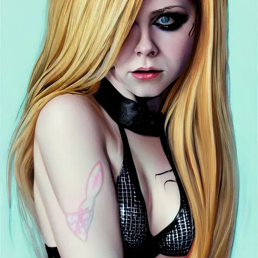 Image similar to detailed photograph of avril lavigne wearing a playboy bunny outfit with stockings, 8 k, by greg rutkowski, artgerm, global illumination