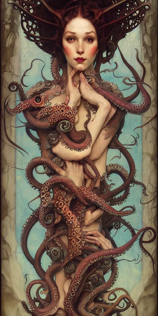 Image similar to fantasy fish, octopus, squid, concept art, schematics, gnarly details painted by tom bagshaw, norman rockwell, mucha, gurney