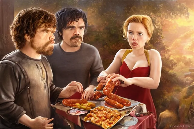 Image similar to portrait of peter dinklage sharing hotdogs with scarlett johansson, an oil painting by ross tran and thomas kincade